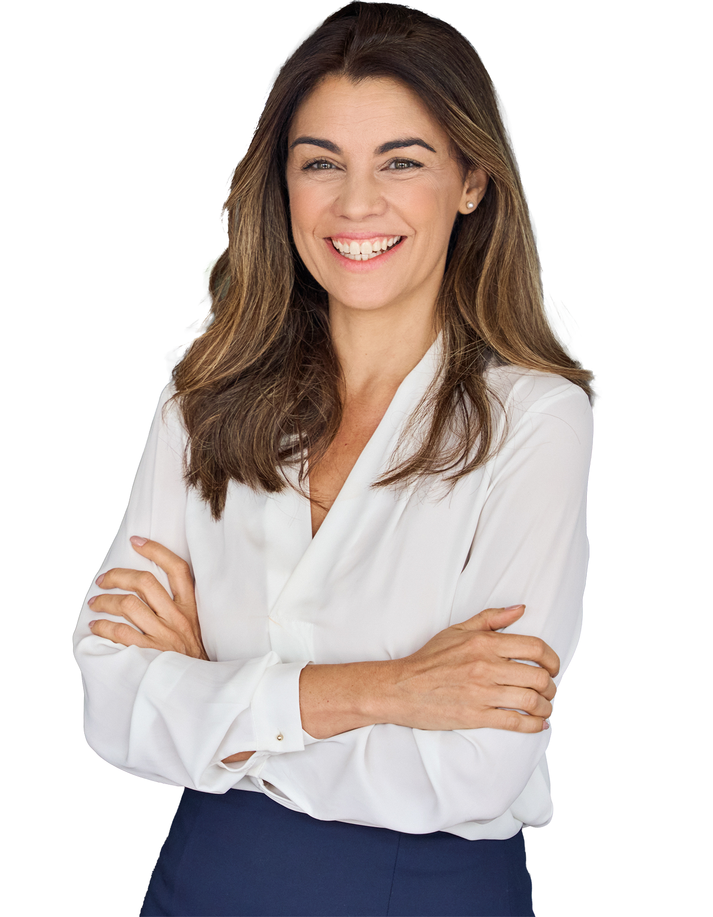 Frau im mittleren Alter lacht mit schönen Zähnen